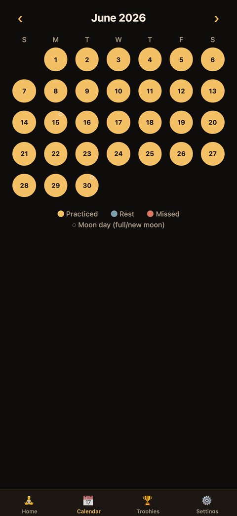 All Is Coming calendar view showing a month of practiced days